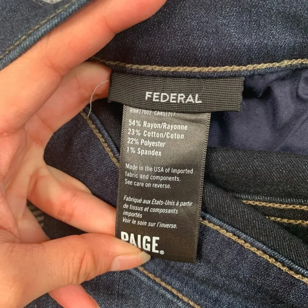 Paige Jeans Mens 35 Blue Federal Slim Straight Mid Rise Stretch Denim Dark Wash